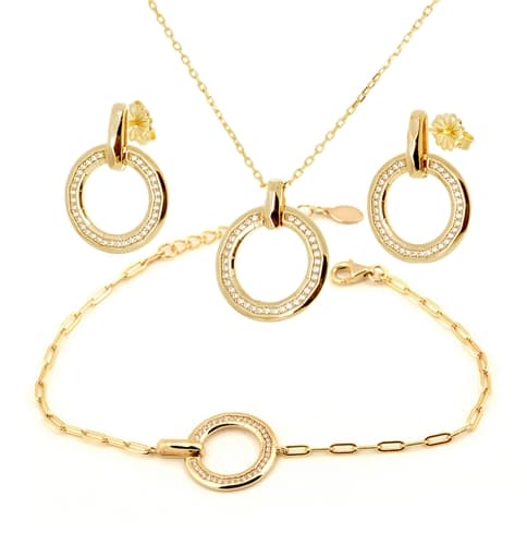 Stříbrná zlacená souprava náušnic, náhrdelníku a náramku s čirými zirkony STRS0417F + dárek zdarma