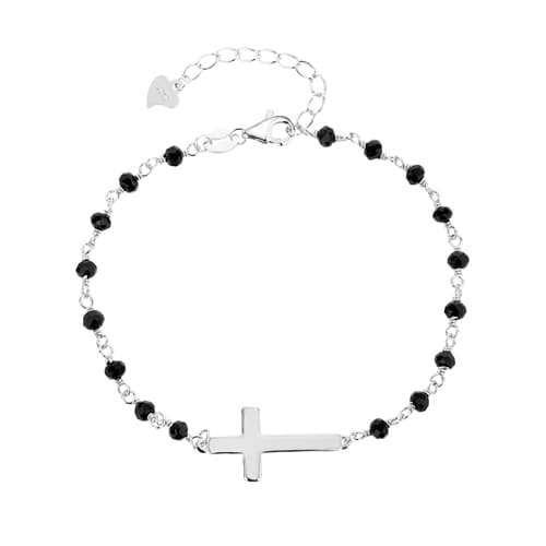 Stříbrný náramek s křížkem a černými korálky 17-23 cm STNA0904F