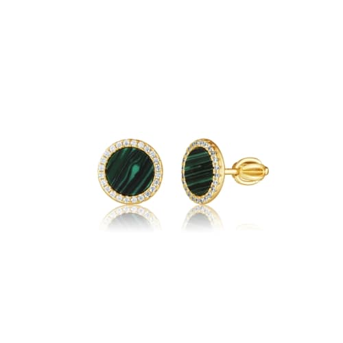 Stříbrné pozlacené náušnice pecičky s malachitem a zirkony STNAU2188F